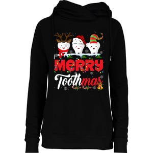 Merry Toothmas Cute Christmas Light Santa Elf Reindeer Teeth Long Sleeve Womens Funnel Neck Pullover Hood