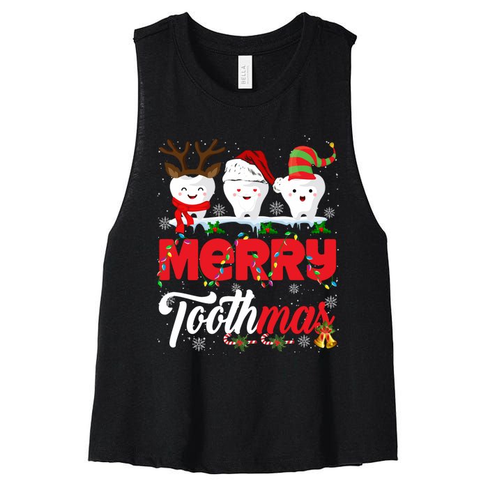 Merry Toothmas Cute Christmas Light Santa Elf Reindeer Teeth Long Sleeve Women's Racerback Cropped Tank