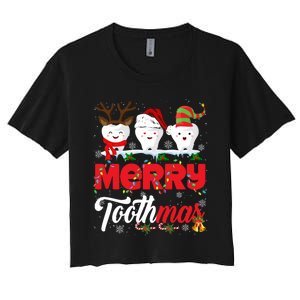 Merry Toothmas Cute Christmas Light Santa Elf Reindeer Teeth Long Sleeve Women's Crop Top Tee