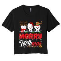 Merry Toothmas Cute Christmas Light Santa Elf Reindeer Teeth Long Sleeve Women's Crop Top Tee