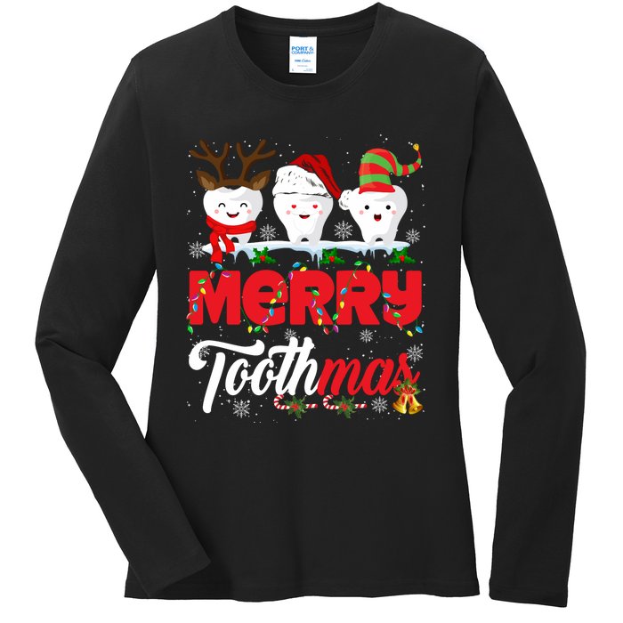 Merry Toothmas Cute Christmas Light Santa Elf Reindeer Teeth Long Sleeve Ladies Long Sleeve Shirt