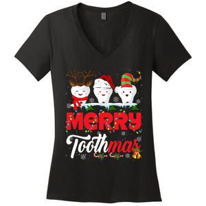 Merry Toothmas Cute Christmas Light Santa Elf Reindeer Teeth Long Sleeve Women's V-Neck T-Shirt