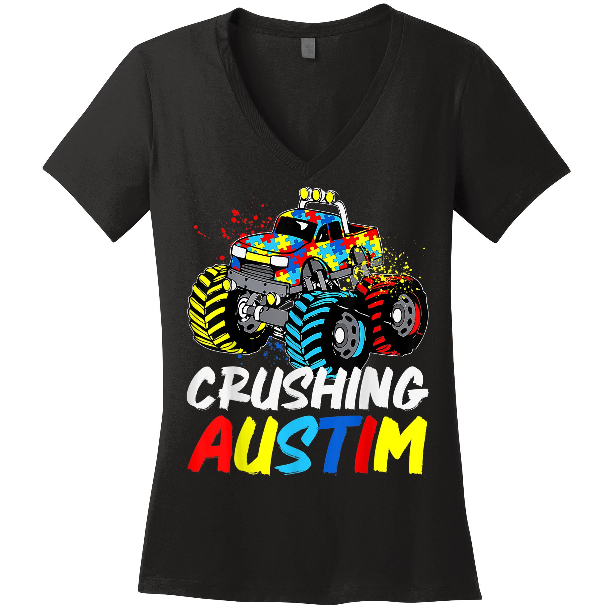 Monster Truck Crushing Austim Shirt Autism Awareness Women's V-Neck T-Shirt