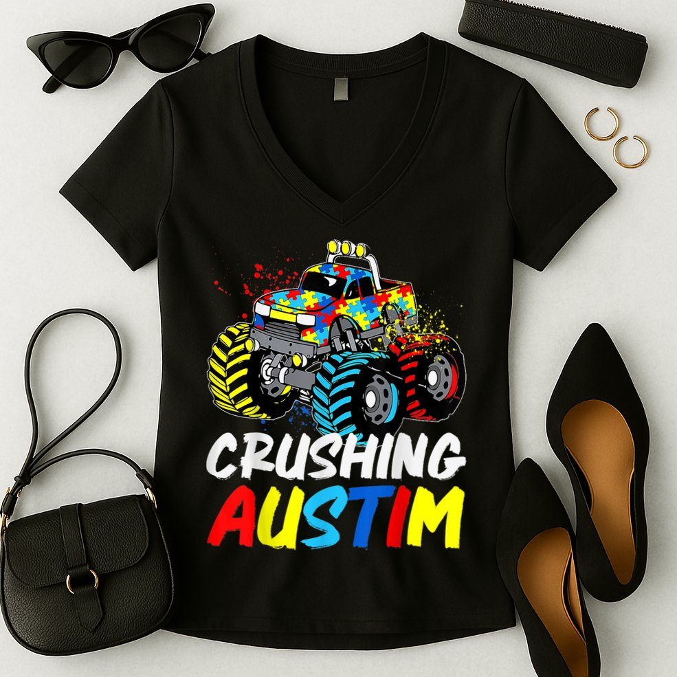 Monster Truck Crushing Austim Shirt Autism Awareness Women's V-Neck T-Shirt