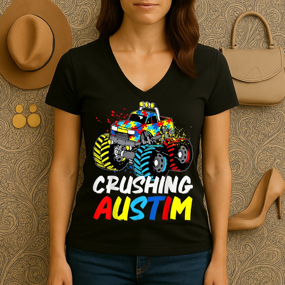 Monster Truck Crushing Austim Shirt Autism Awareness Women's V-Neck T-Shirt