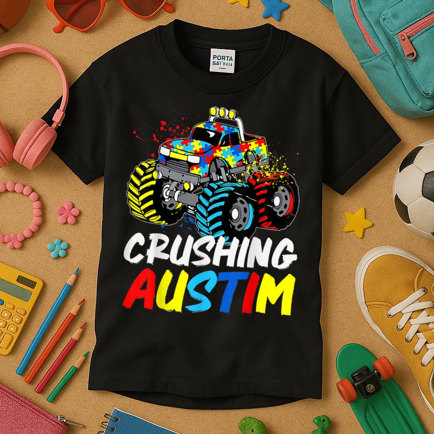 Monster Truck Crushing Austim Shirt Autism Awareness Kids T-Shirt