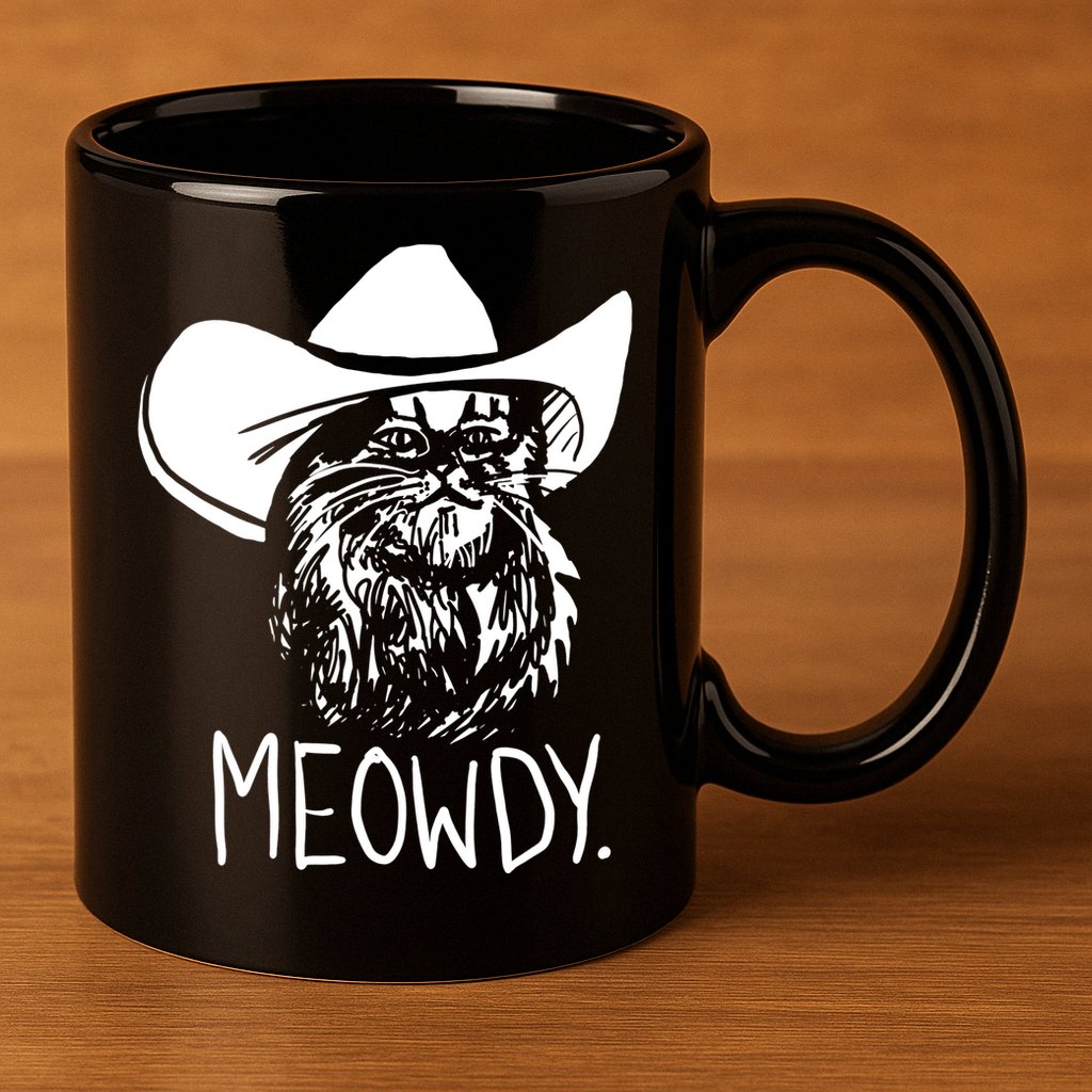 Meowdy Texas Cat Meme TShirt 11oz C Handle Ceramic Mug