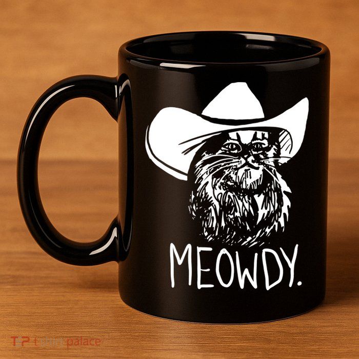 Meowdy Texas Cat Meme TShirt 11oz C Handle Ceramic Mug