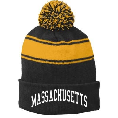 Massachusetts Throwback Design Print Classic Stripe Pom Pom Beanie