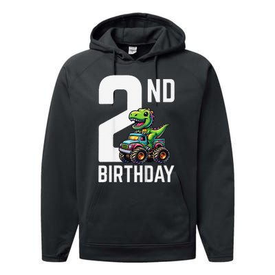 Monster Truck Dinosaur 2nd Birthday Theme Party 2 Year Old Performance Fleece Hoodie