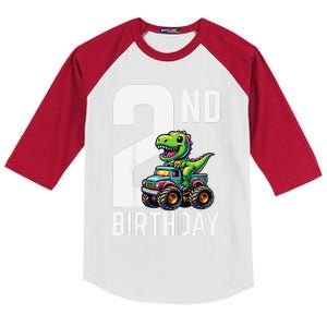 Monster Truck Dinosaur 2nd Birthday Theme Party 2 Year Old Kids Colorblock Raglan Jersey