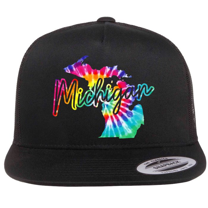 Michigan Tie Dye State Map Pride Hippie Vintage Retro Flat Bill Trucker Hat