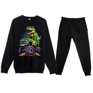 Monster Truck Dinosaur Trex Birthday Boy Premium Crewneck Sweatsuit Set