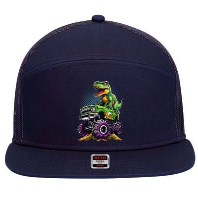 Monster Truck Dinosaur Trex Birthday Boy 7 Panel Mesh Trucker Snapback Hat