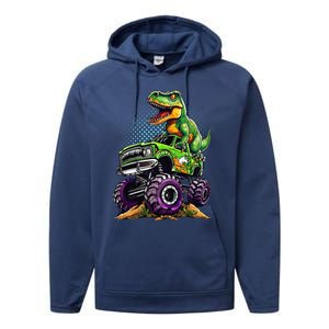 Monster Truck Dinosaur Trex Birthday Boy Performance Fleece Hoodie