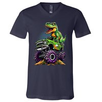 Monster Truck Dinosaur Trex Birthday Boy V-Neck T-Shirt