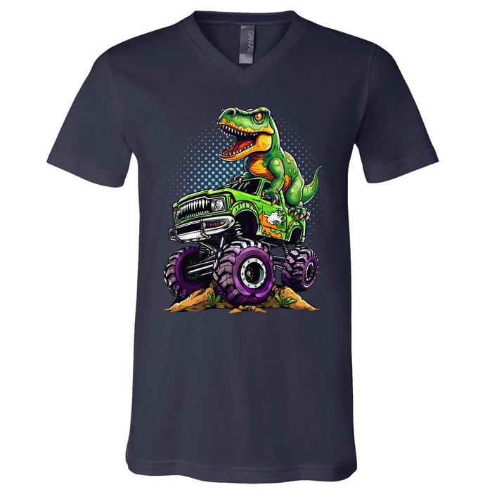 Monster Truck Dinosaur Trex Birthday Boy V-Neck T-Shirt