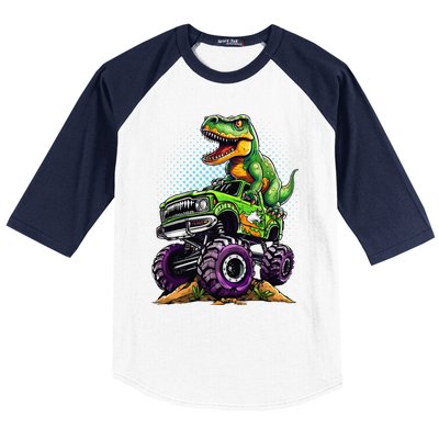 Monster Truck Dinosaur Trex Birthday Boy Baseball Sleeve Shirt