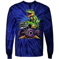 Monster Truck Dinosaur Trex Birthday Boy Tie-Dye Long Sleeve Shirt