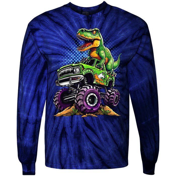 Monster Truck Dinosaur Trex Birthday Boy Tie-Dye Long Sleeve Shirt