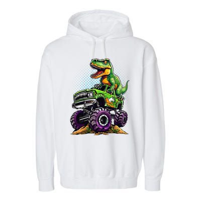 Monster Truck Dinosaur Trex Birthday Boy Garment-Dyed Fleece Hoodie