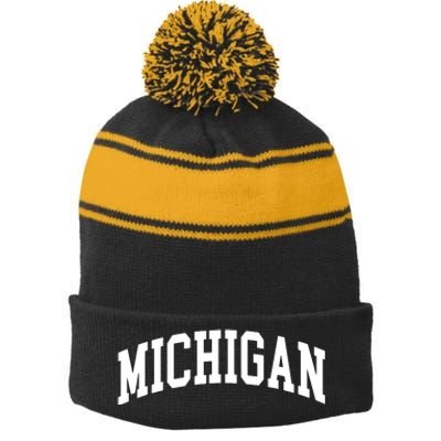 Michigan Throwback Design Classic Stripe Pom Pom Beanie