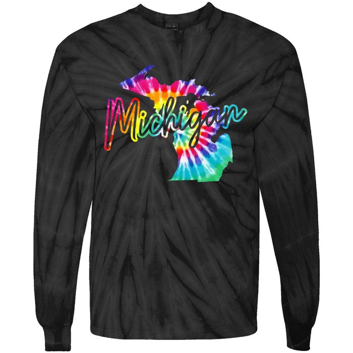 Michigan Tie Dye State Map Pride Hippie Vintage Retro Tie-Dye Long Sleeve Shirt