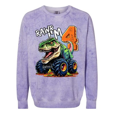 Monster Truck Dinosaur T Rex 4th Birthday Boy 4 Year Old Colorblast Crewneck Sweatshirt