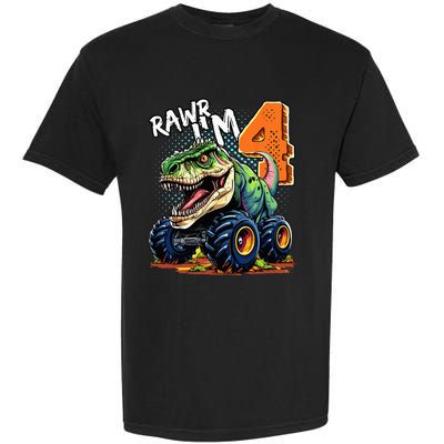 Monster Truck Dinosaur T Rex 4th Birthday Boy 4 Year Old Garment-Dyed Heavyweight T-Shirt