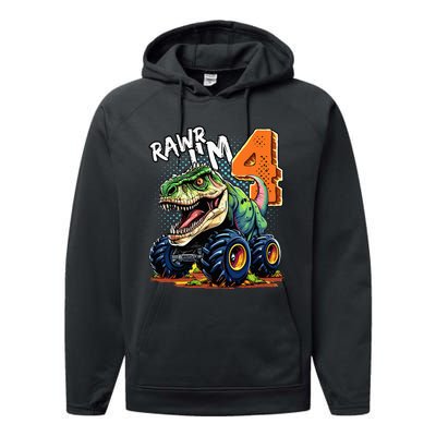 Monster Truck Dinosaur T Rex 4th Birthday Boy 4 Year Old Performance Fleece Hoodie