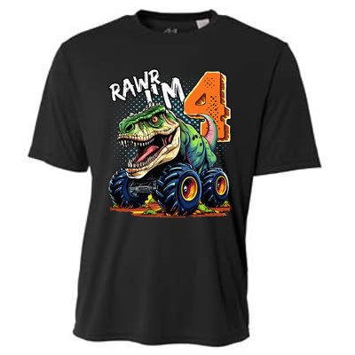 Monster Truck Dinosaur T Rex 4th Birthday Boy 4 Year Old Cooling Performance Crew T-Shirt