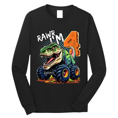 Monster Truck Dinosaur T Rex 4th Birthday Boy 4 Year Old Long Sleeve Shirt