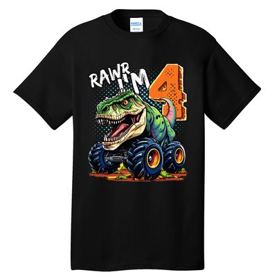 Monster Truck Dinosaur T Rex 4th Birthday Boy 4 Year Old Tall T-Shirt