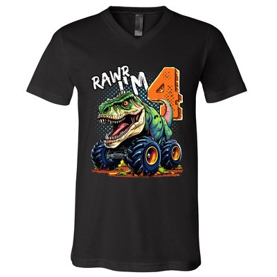 Monster Truck Dinosaur T Rex 4th Birthday Boy 4 Year Old V-Neck T-Shirt