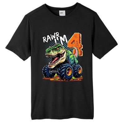 Monster Truck Dinosaur T Rex 4th Birthday Boy 4 Year Old Tall Fusion ChromaSoft Performance T-Shirt