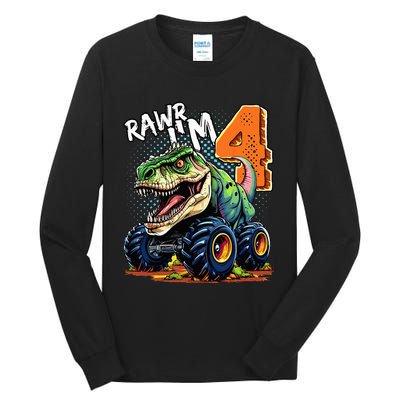 Monster Truck Dinosaur T Rex 4th Birthday Boy 4 Year Old Tall Long Sleeve T-Shirt