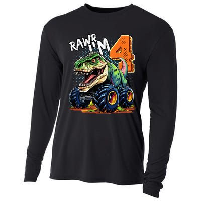 Monster Truck Dinosaur T Rex 4th Birthday Boy 4 Year Old Cooling Performance Long Sleeve Crew