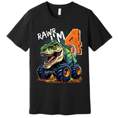 Monster Truck Dinosaur T Rex 4th Birthday Boy 4 Year Old Premium T-Shirt