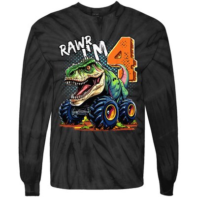 Monster Truck Dinosaur T Rex 4th Birthday Boy 4 Year Old Tie-Dye Long Sleeve Shirt