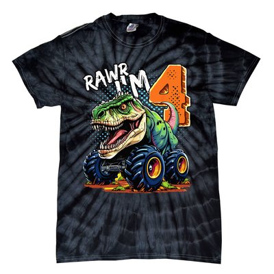 Monster Truck Dinosaur T Rex 4th Birthday Boy 4 Year Old Tie-Dye T-Shirt