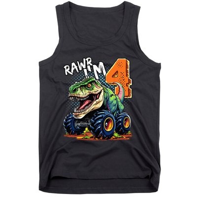 Monster Truck Dinosaur T Rex 4th Birthday Boy 4 Year Old Tank Top