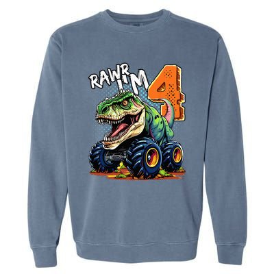 Monster Truck Dinosaur T Rex 4th Birthday Boy 4 Year Old Garment-Dyed Sweatshirt