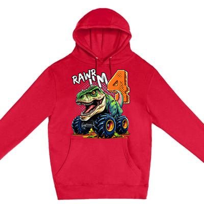 Monster Truck Dinosaur T Rex 4th Birthday Boy 4 Year Old Premium Pullover Hoodie