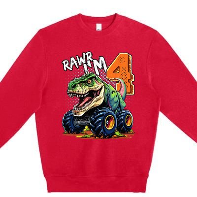 Monster Truck Dinosaur T Rex 4th Birthday Boy 4 Year Old Premium Crewneck Sweatshirt