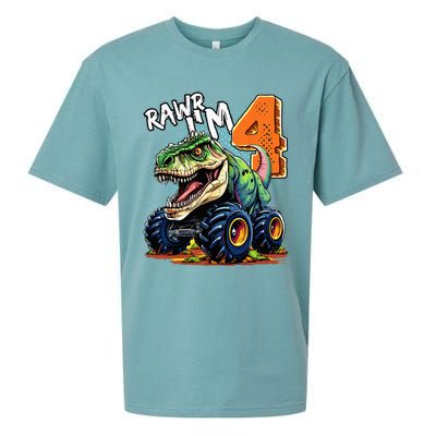 Monster Truck Dinosaur T Rex 4th Birthday Boy 4 Year Old Sueded Cloud Jersey T-Shirt