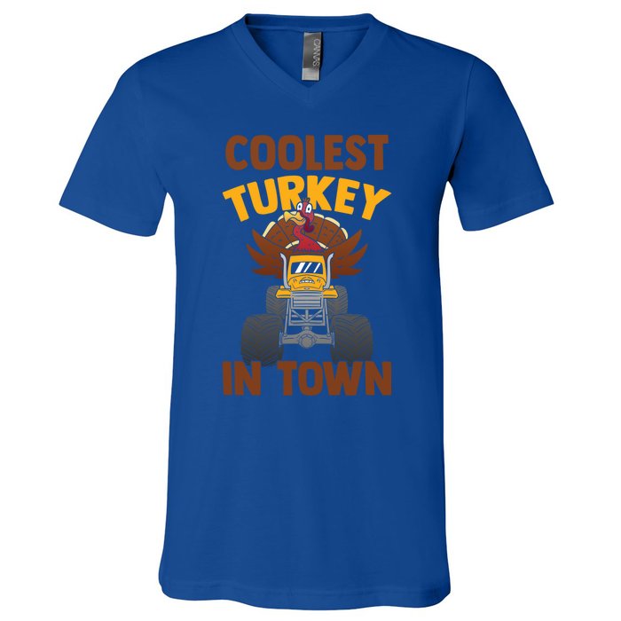 Monster Truck Funny Coolest Turkey In Town Thanksgiving Gift V-Neck T-Shirt