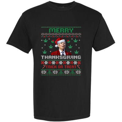 Merry Thanksgiving Funny Joe Biden Christmas Ugly Sweater Garment-Dyed Heavyweight T-Shirt