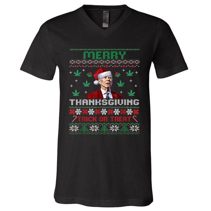 Merry Thanksgiving Funny Joe Biden Christmas Ugly Sweater V-Neck T-Shirt