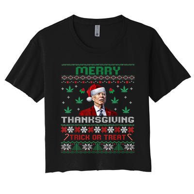 Merry Thanksgiving Funny Joe Biden Christmas Ugly Sweater Women's Crop Top Tee