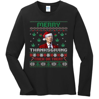 Merry Thanksgiving Funny Joe Biden Christmas Ugly Sweater Ladies Long Sleeve Shirt